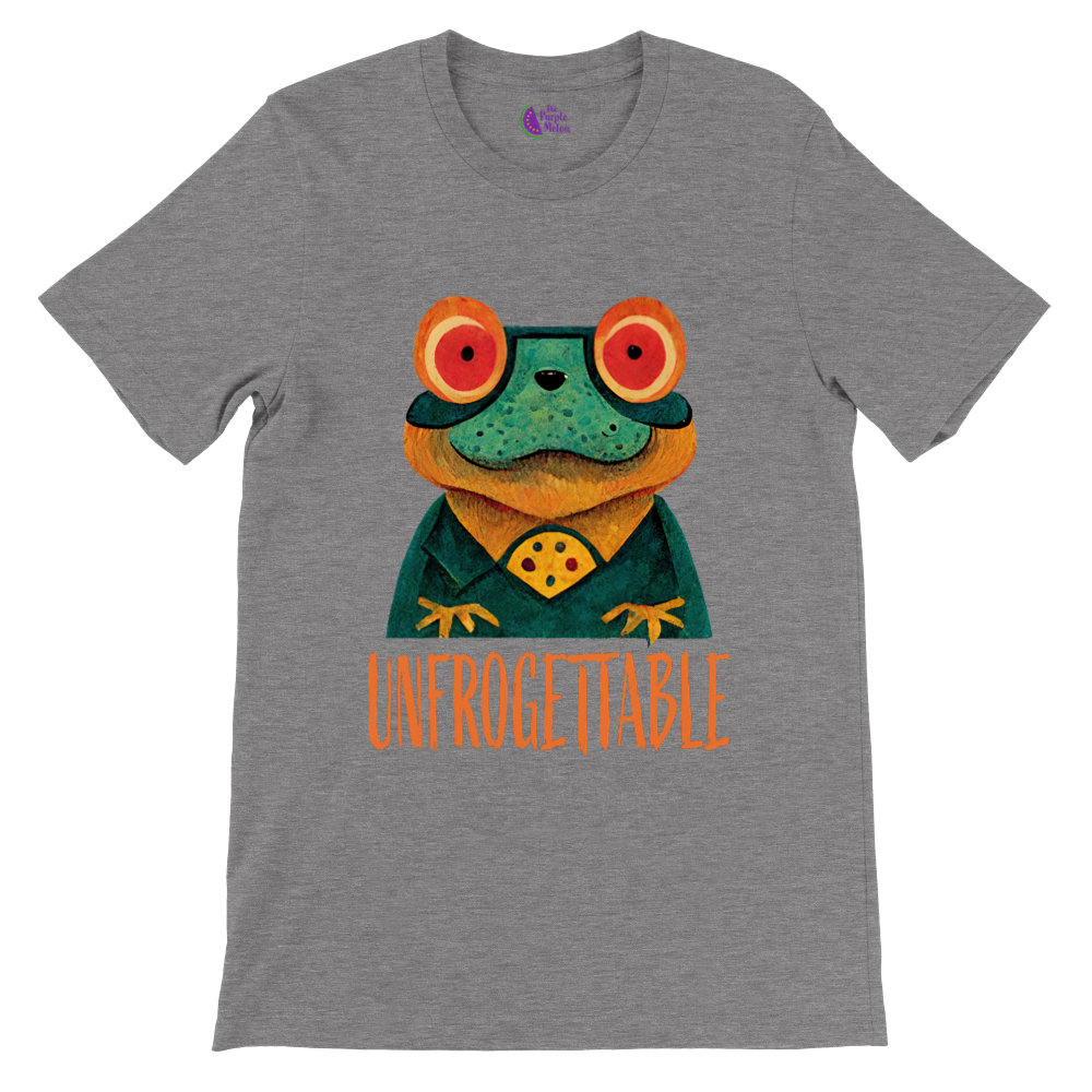 Grey t-shirt with a cute frog print with the caption Unfrogettable