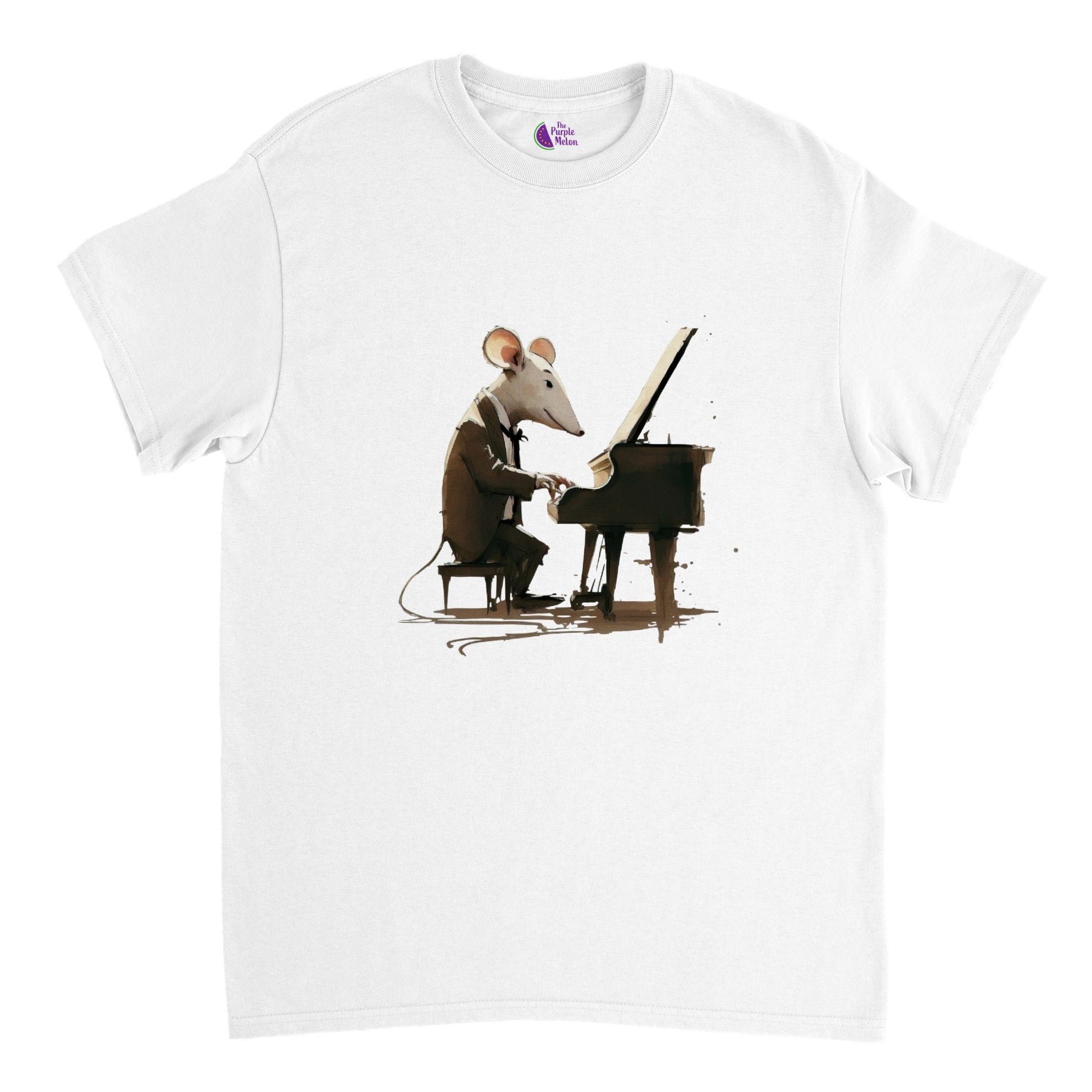 White t-shirt with a mouse playing a piano print