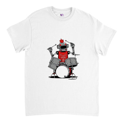 White t-shirt with a robot playing the drums graphic
