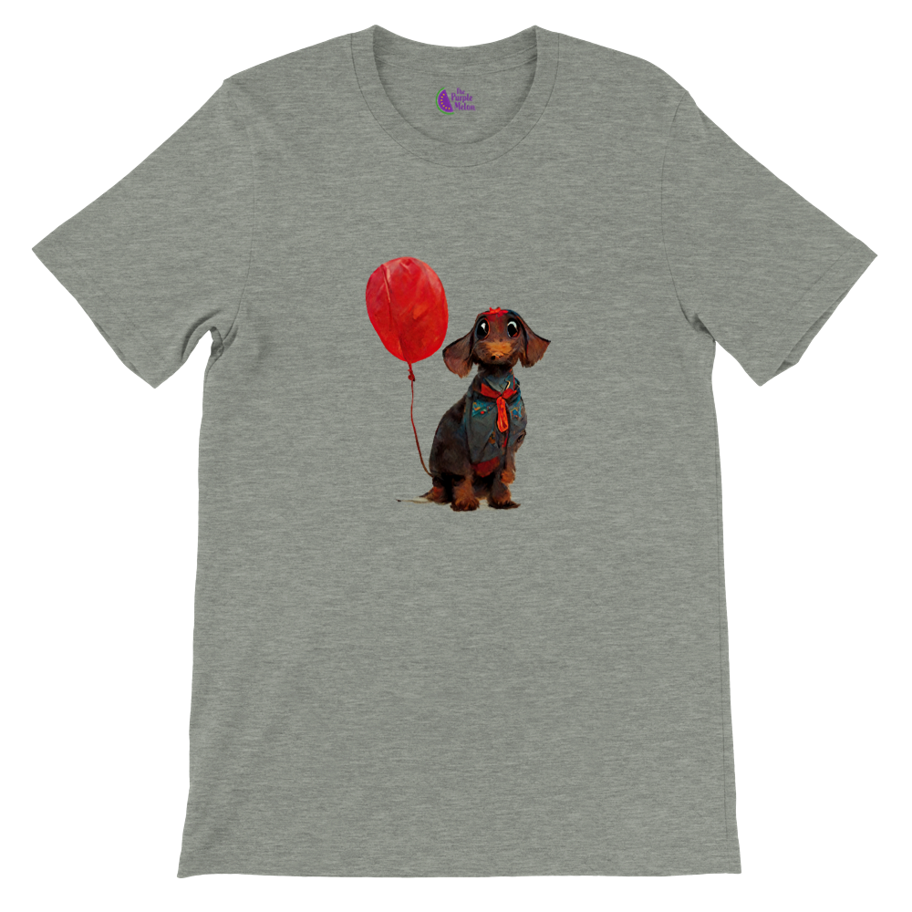 grey t-shirt with a dachshund dog with red balloon print