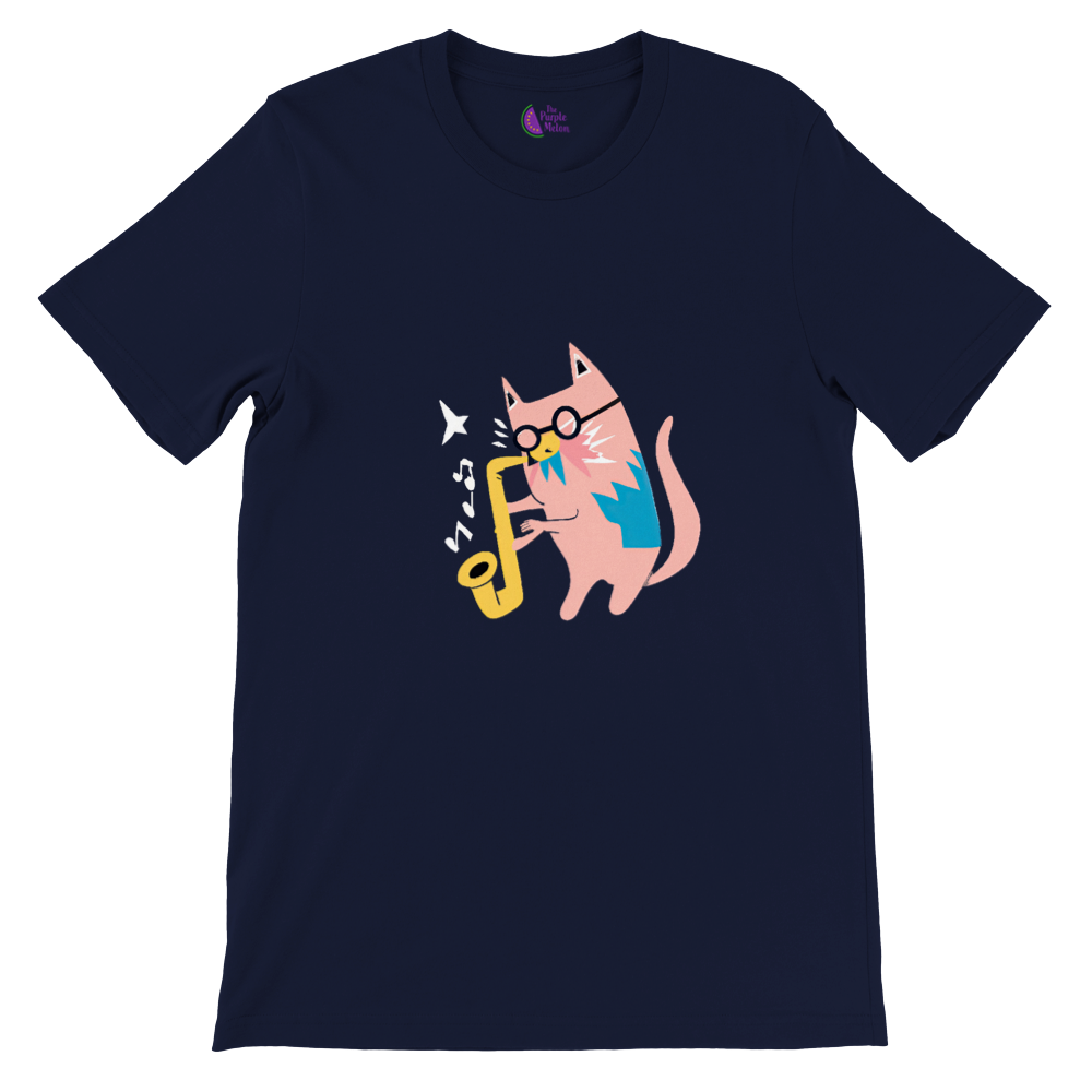 Navy t-shirt with a pink cat playing the saxophone print