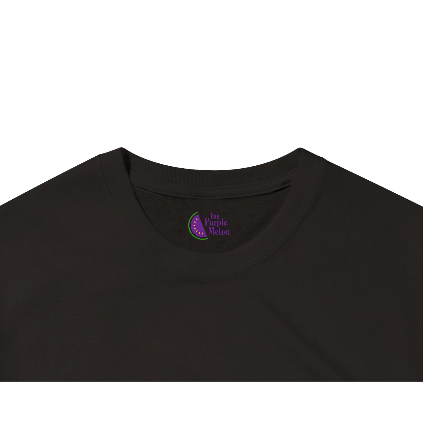 the purple melon neck logo on a black t-shirt