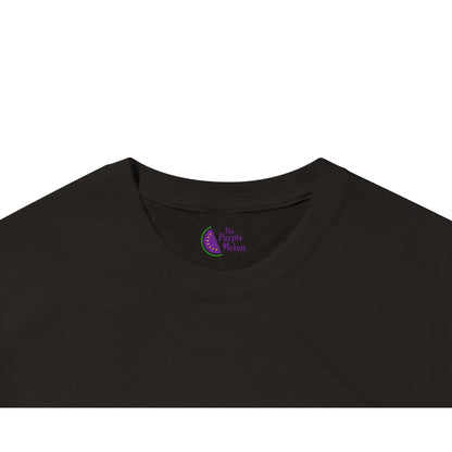 the purple melon neck logo on a black t-shirt