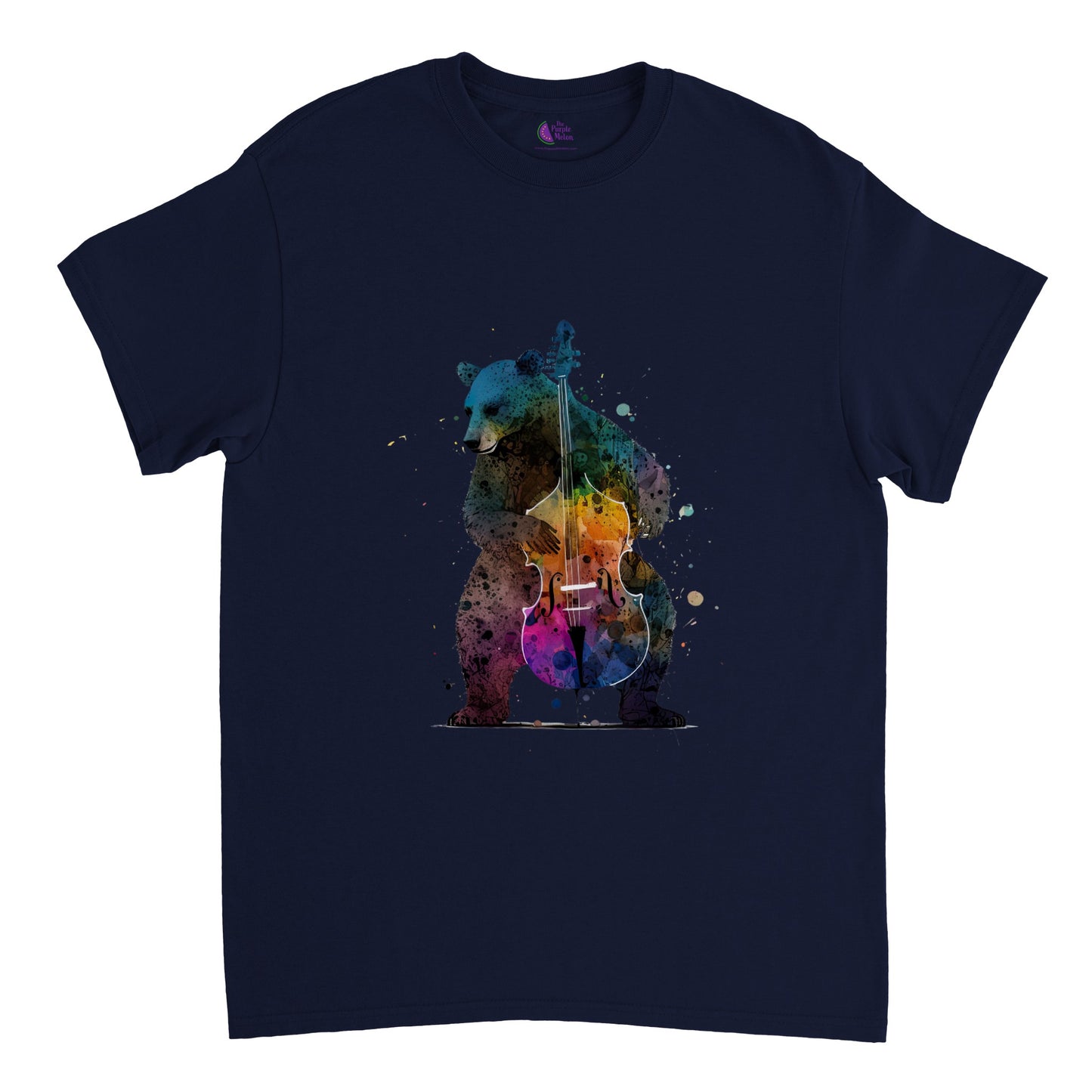 navy t-shirt with a bear playing a colourful double bass