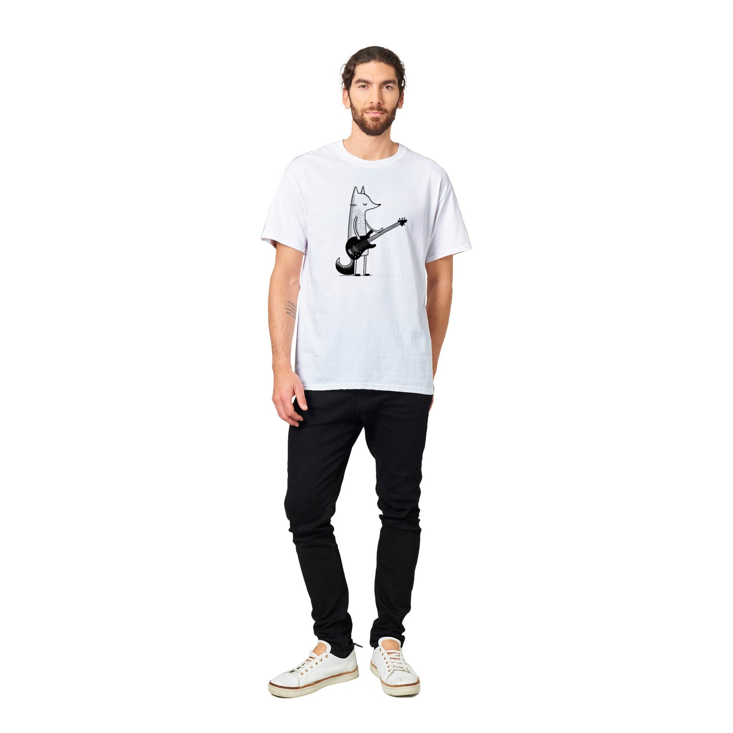 white t-shirt with a fox playing the bass guiutar print