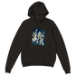 A black hoodie with a Jazz trio print on the front