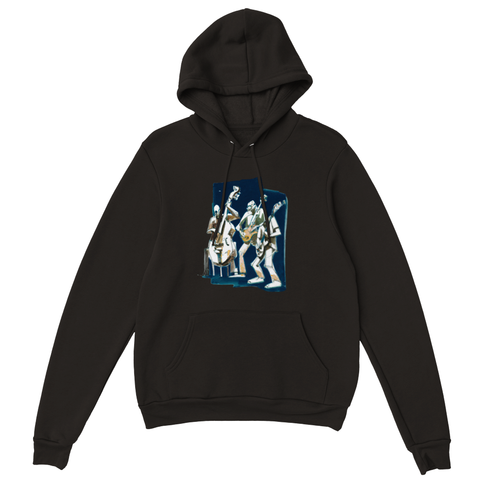 A black hoodie with a Jazz trio print on the front