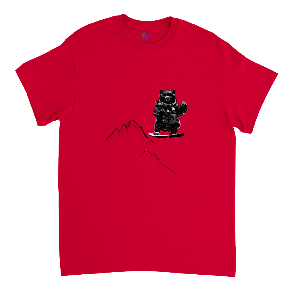 Red t-shirt with a snowboarding bear print