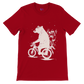 Red t-shirt with a bear riding a bike print