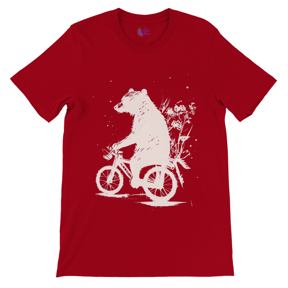 Red t-shirt with a bear riding a bike print