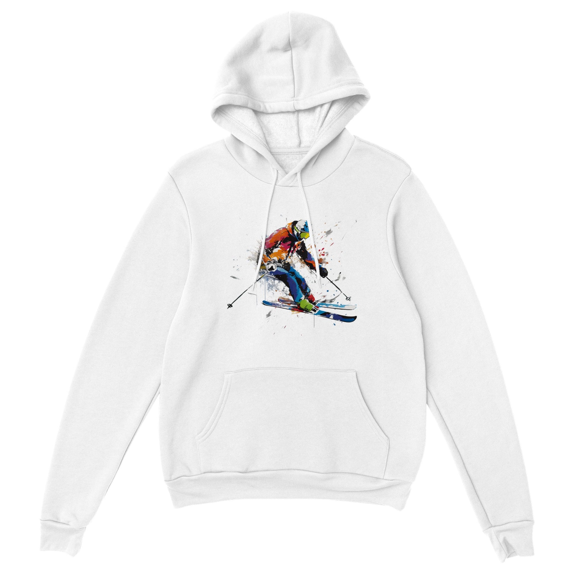 white hoodie with a skier print
