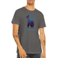 Guy wearing a grey t-shirt with the caption Save the Drama For Your Llama and cute llama graphic.