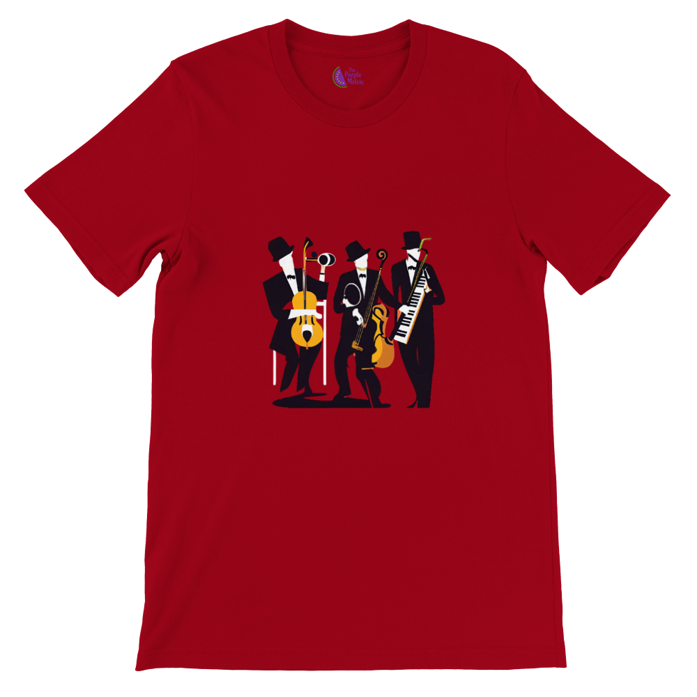 red t-shirt with a pop-art jazz trio print