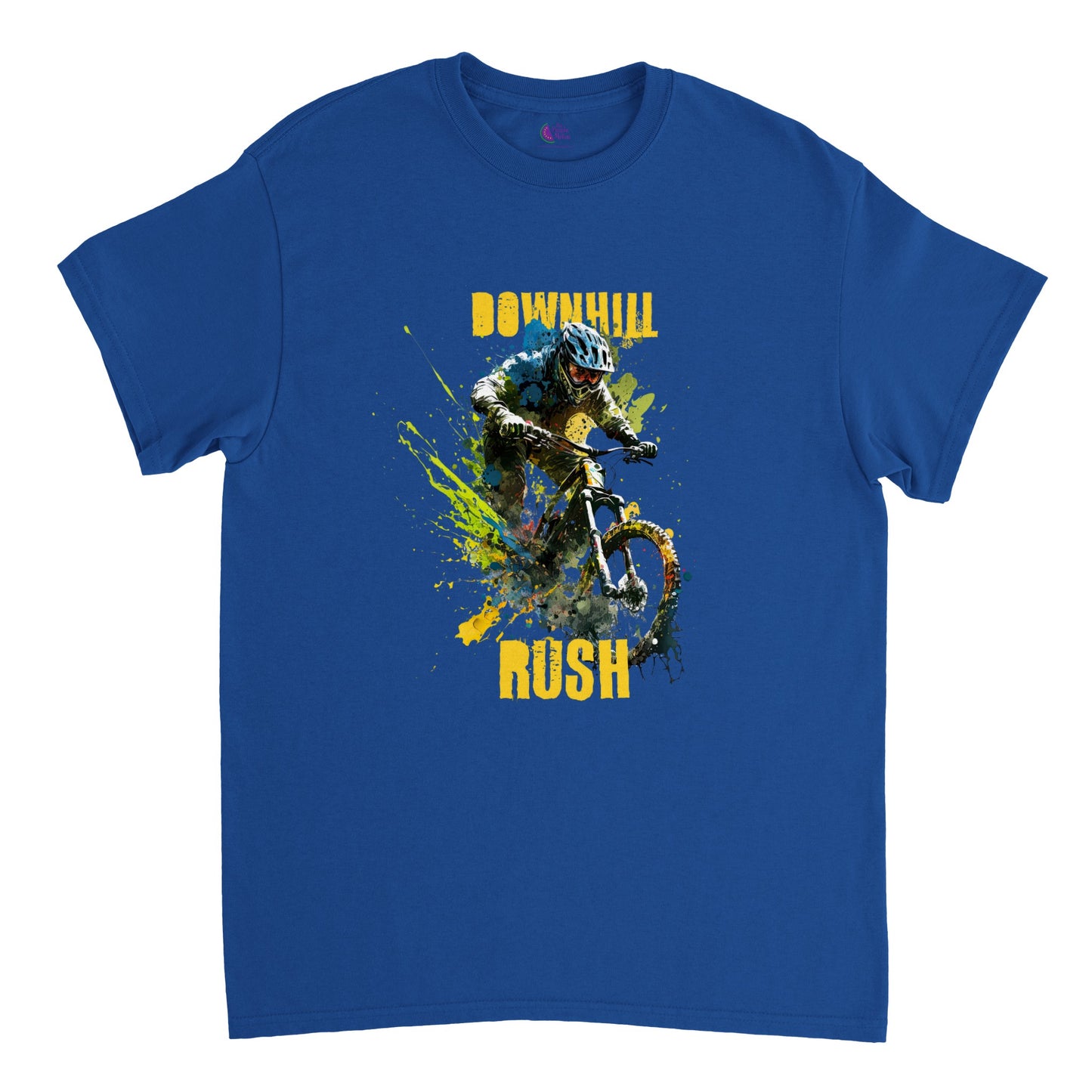 Royal blue t-shirt with a downhill mountain biker print and the caption Downhill Rush