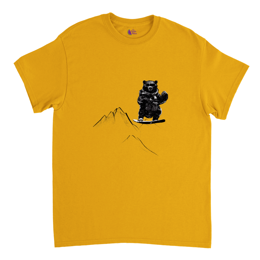 Gold t-shirt with a snowboarding bear print