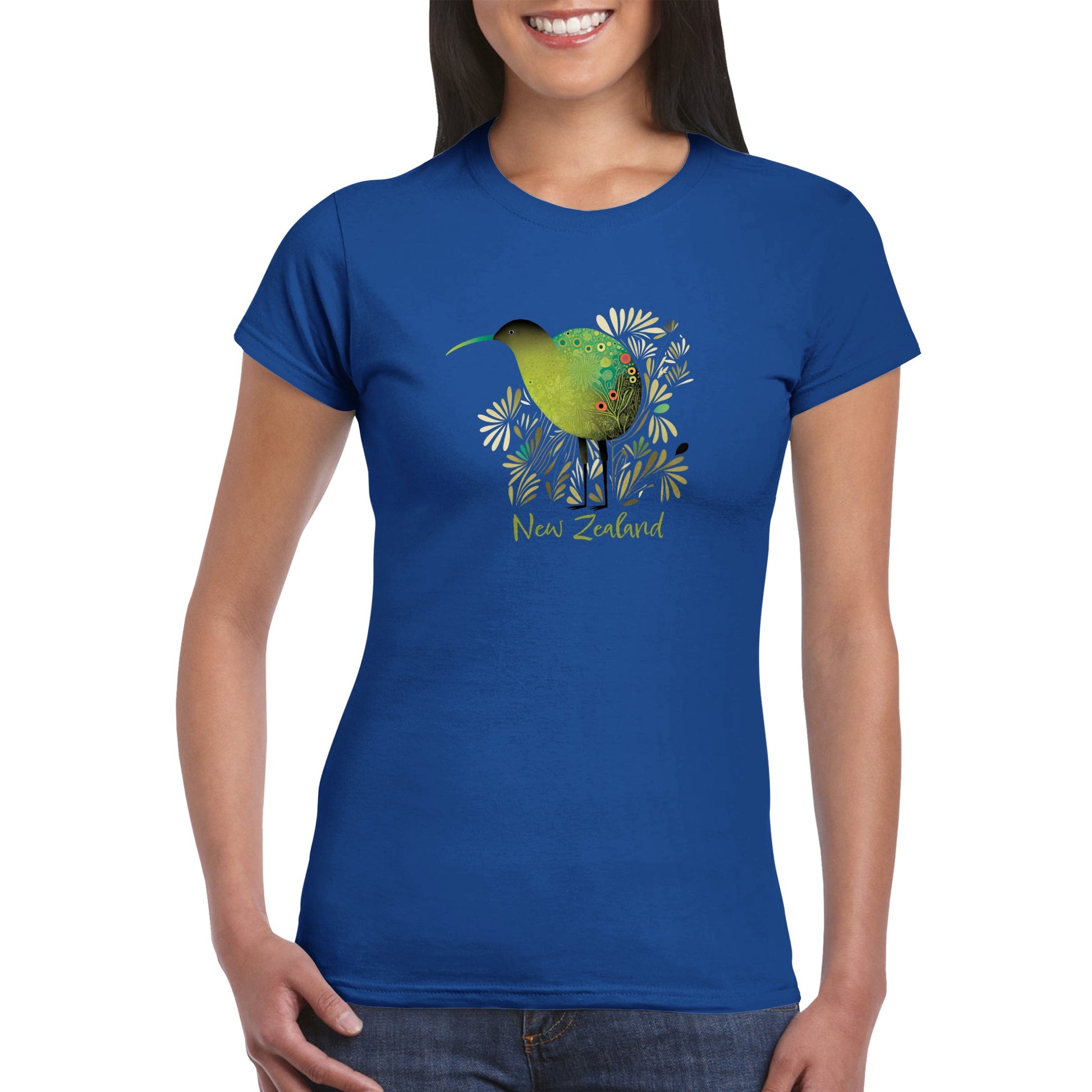 girl having a picnic wearing a blue t-shirt with a new zealand kiwi bird print