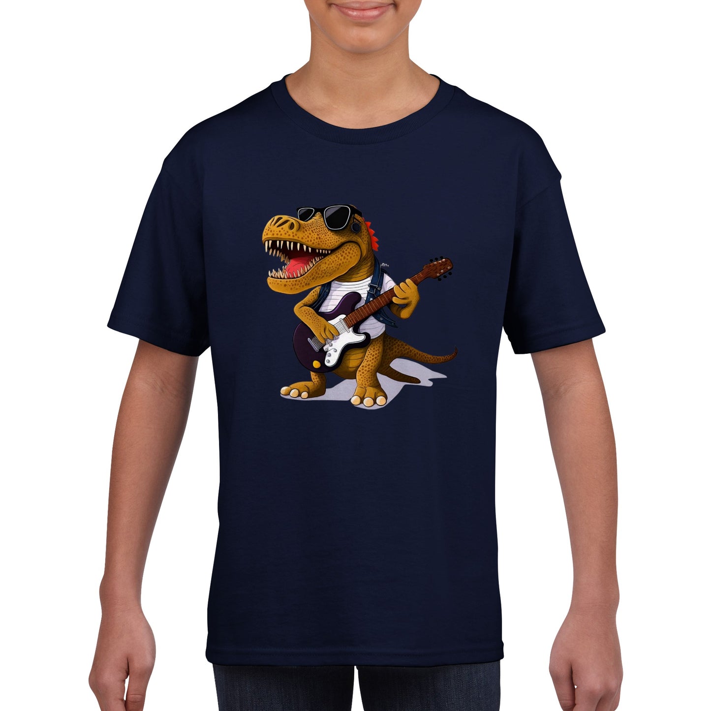 Boy wearing a navy t-shirt with a rockstar dino playing the guitar print