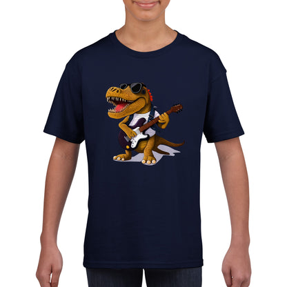 Boy wearing a navy t-shirt with a rockstar dino playing the guitar print