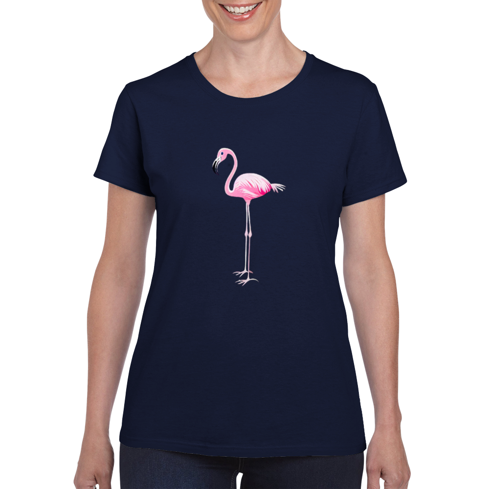 a woman wearing a navy blue t-shirt with a pink flamingo print