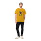 A guy wearing a gold t-shirt with a robot playing a red guitar