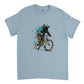 Light blue t-shirt with a happy bear riding a bike print