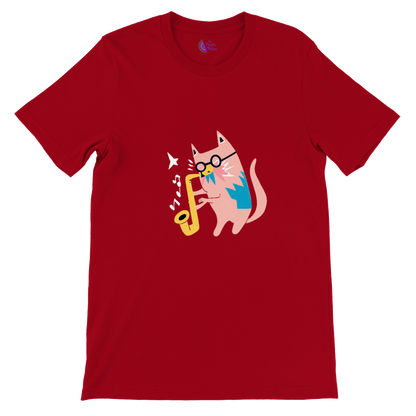 Pink Cat Playing a Saxophone Premium Unisex Crewneck T-shirt.