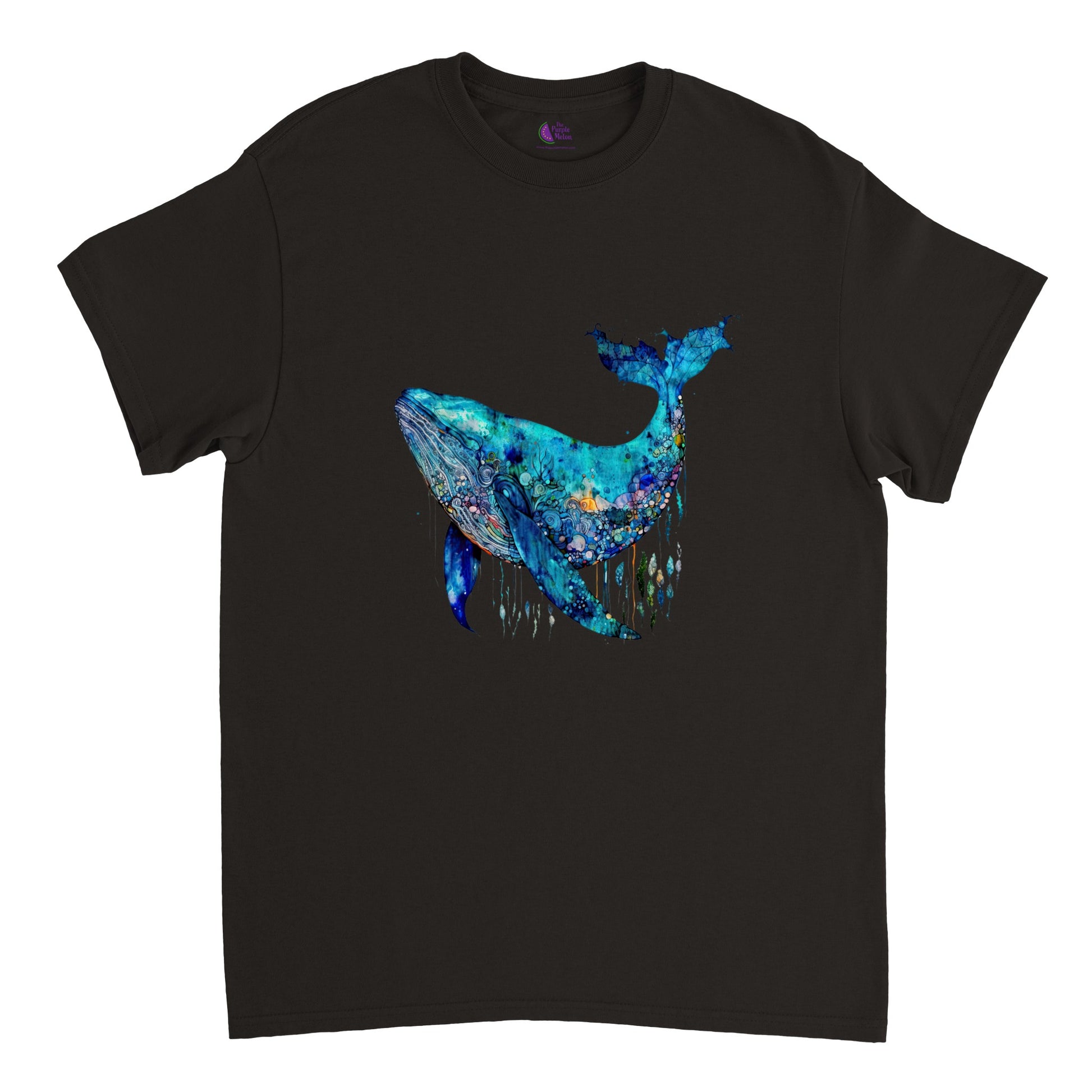 Black t-shirt with a blue whale print