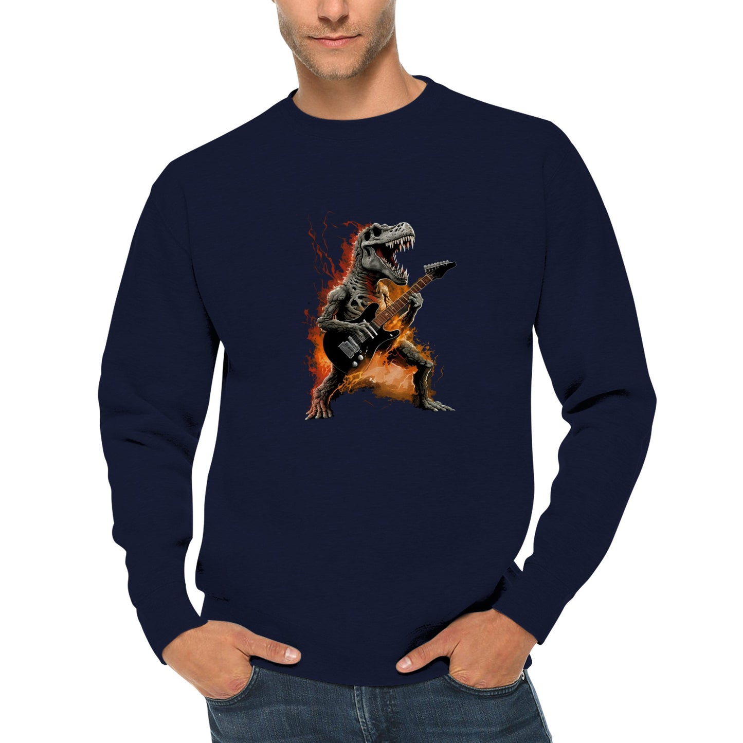 On Fire T-Rex Playing Guitar Premium Unisex Crewneck Sweatshirt