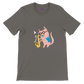 Grey t-shirt with a pink cat playing the saxophone print