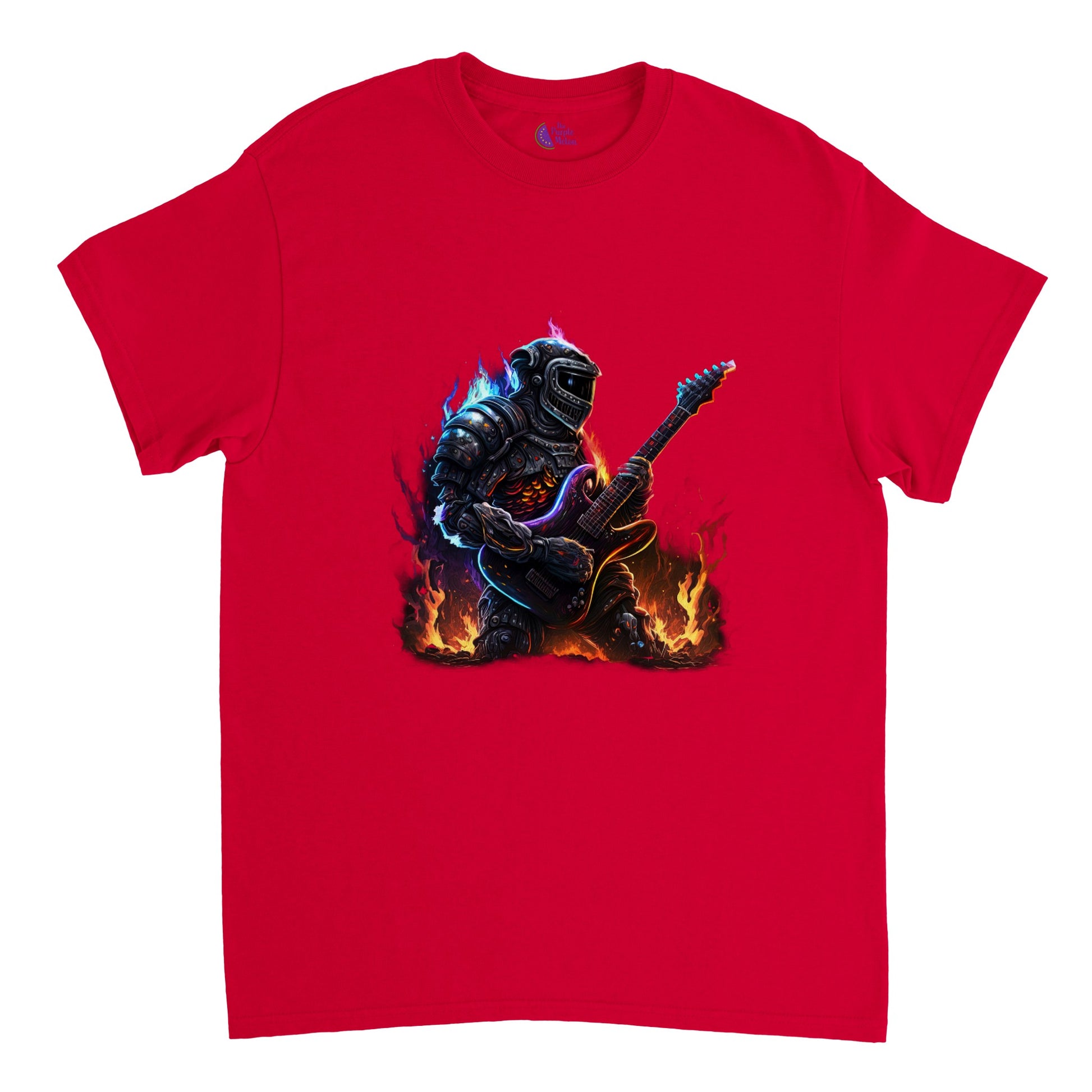 Red t-shirt with Space Robot on fire playing the guitar