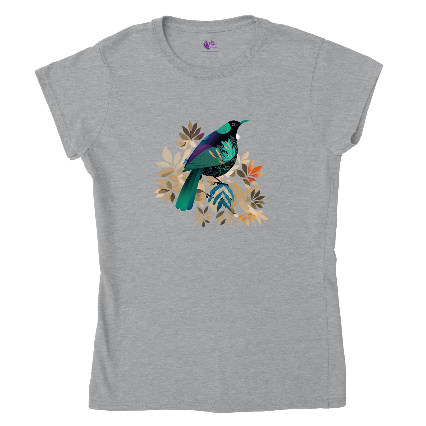 Grey t-shirt with a contemporary new zealand tui bird print