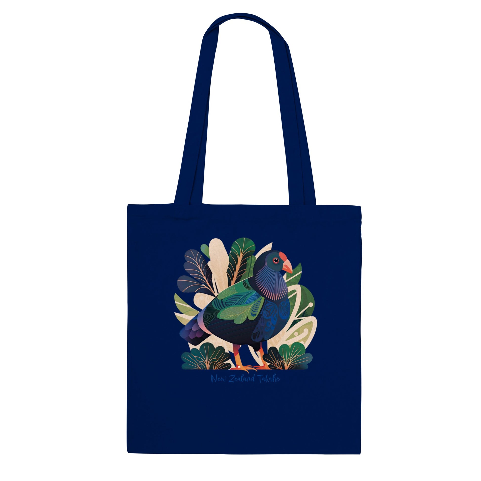 Navy tote bag with a New Zealand Takahe bird print