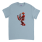Light blue t-shirt with a red robot playing a saxophone