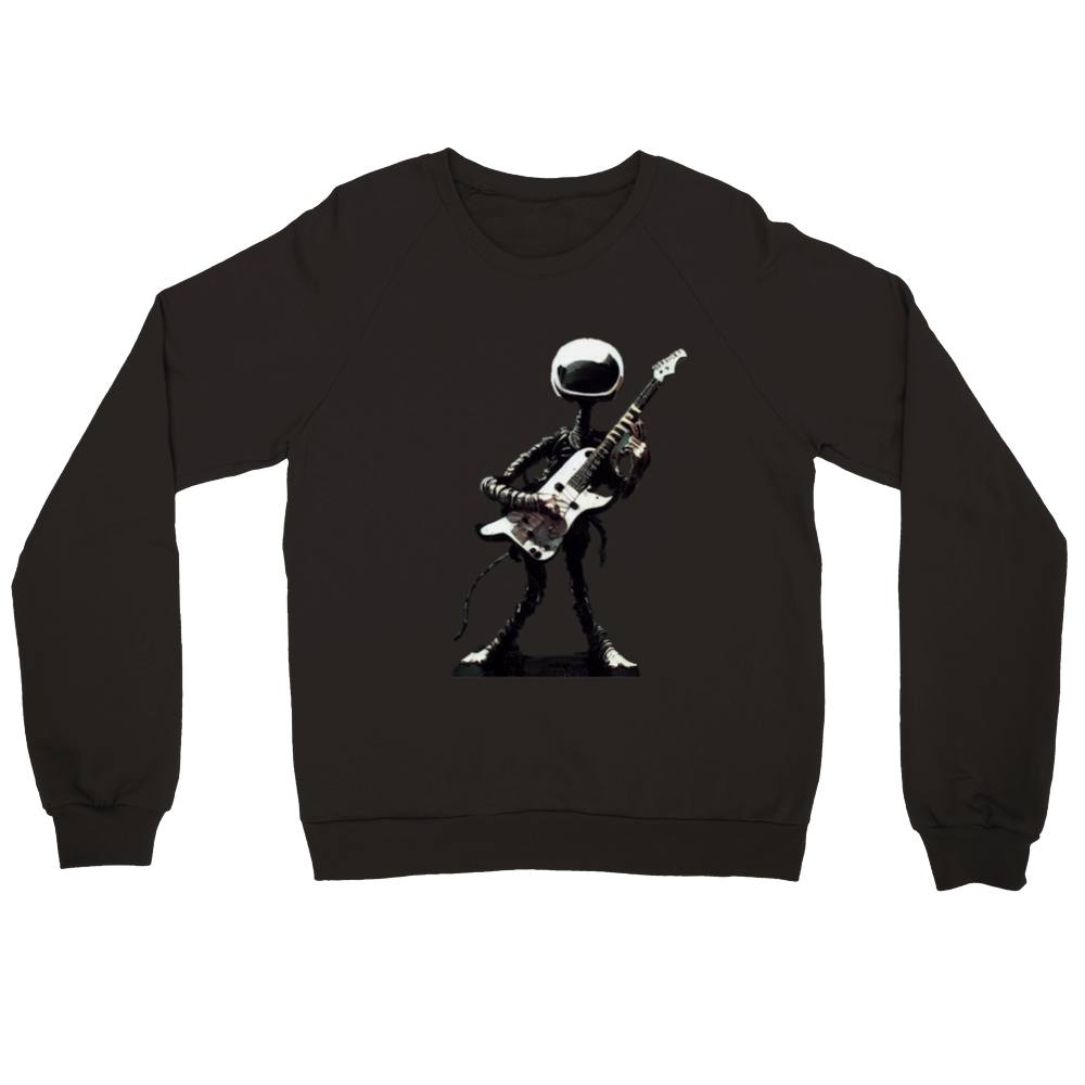 A black sweatshirt with an alien playing a guitar print