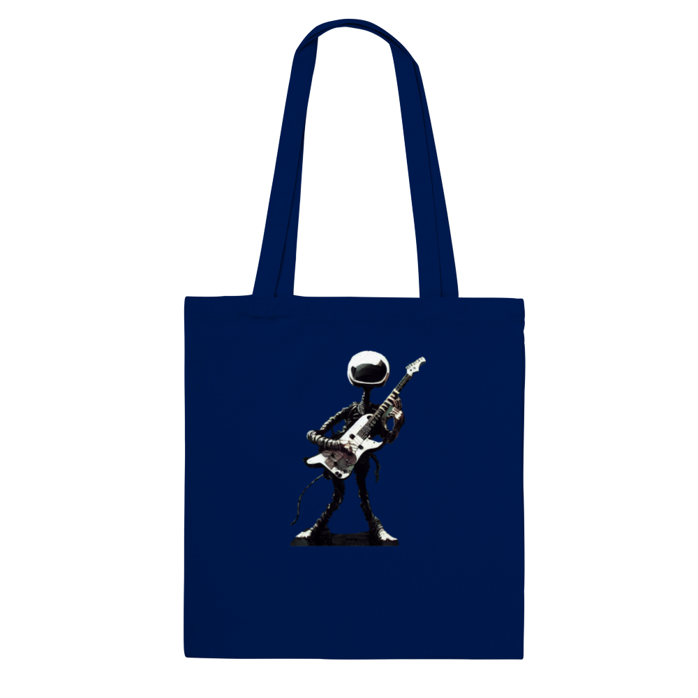 Navy tote bag with black and print of an alien playing the guitar