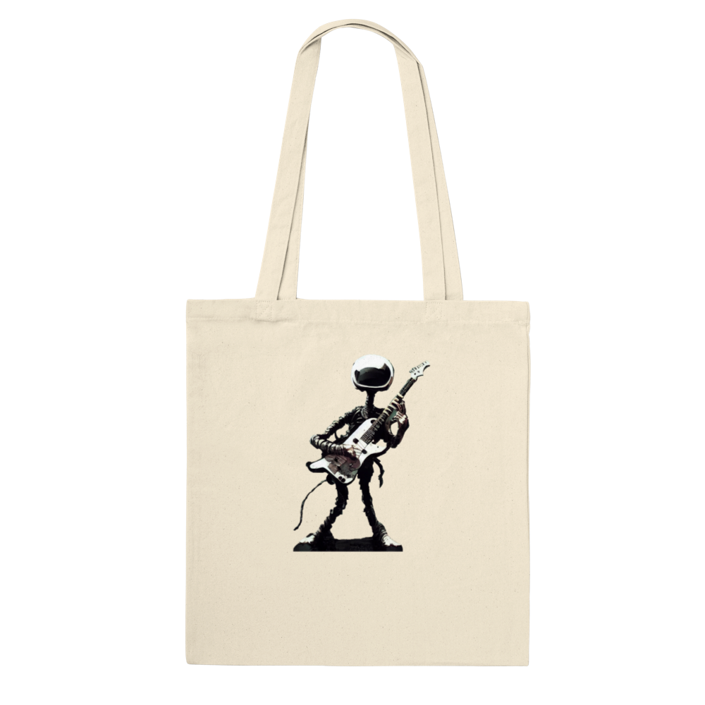Natural tote bag with black and print of an alien playing the guitar