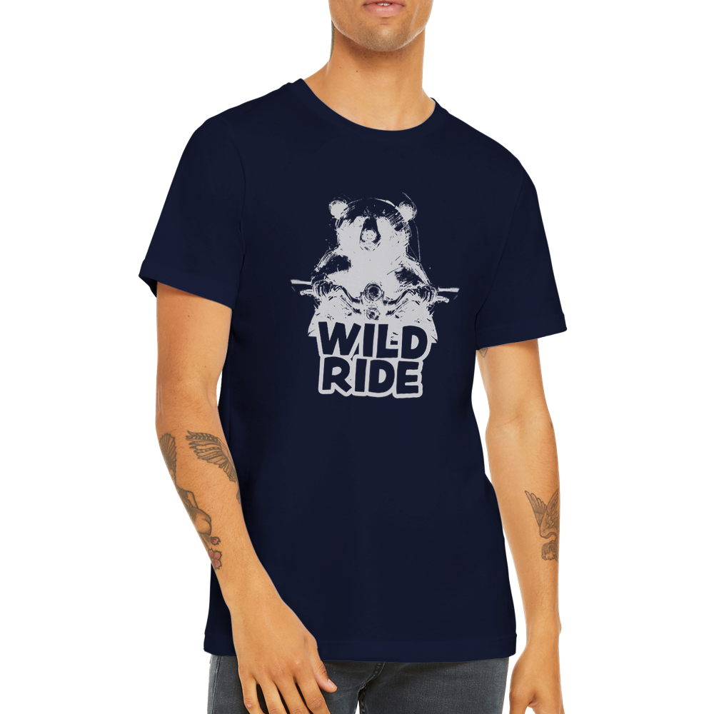 Guy wearing a navy blue t-shirt with a bear on a bike with Wild Ride caption