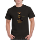 A guy wearing a black t-shirt with a print of a rat playing the banjo print on the front