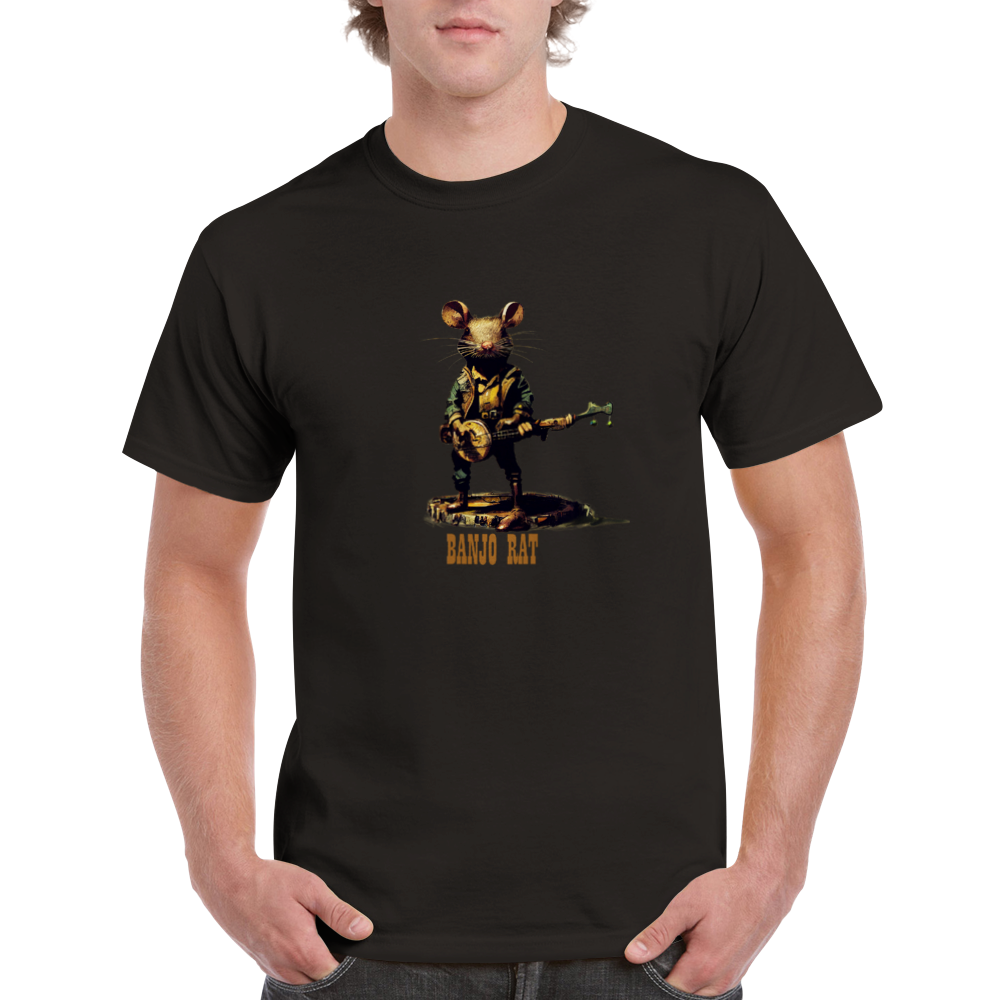 A guy wearing a black t-shirt with a print of a rat playing the banjo print on the front