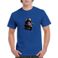 man wearing a royal blue t-shirt with a bear riding a motor scooter