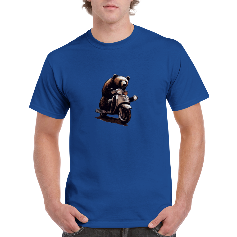 man wearing a royal blue t-shirt with a bear riding a motor scooter