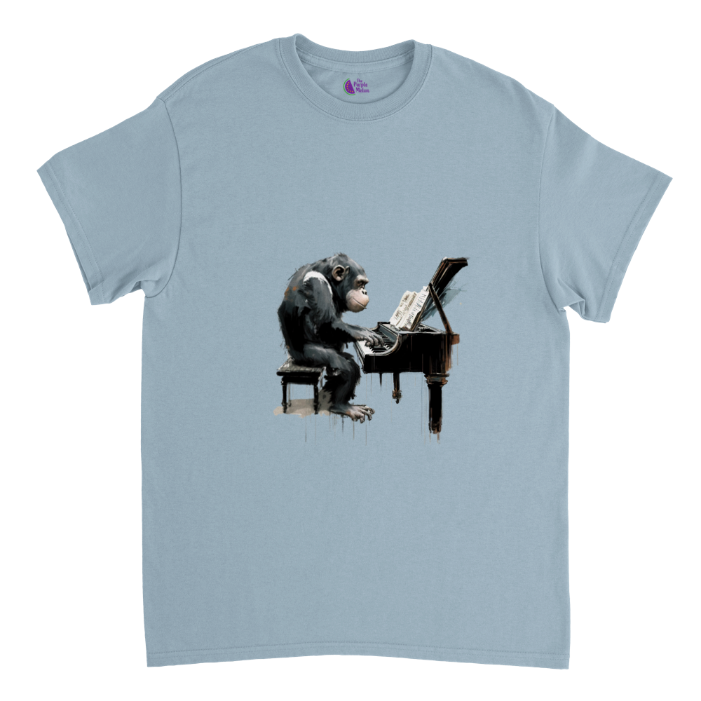 Light Blue t-shirt with a chimp playing the piano print