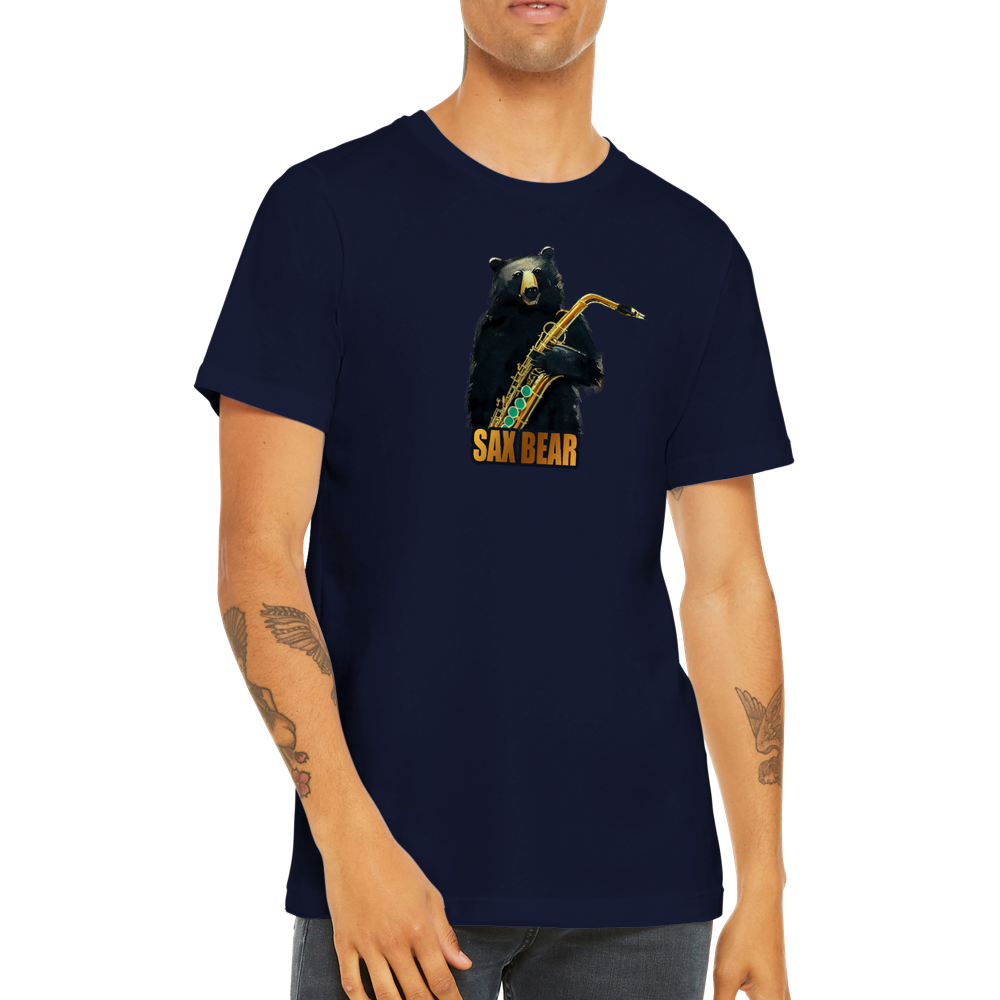 Guy wearing a navy t-shirt with a print of a bear holding a saxophone with the caption Sax Bear