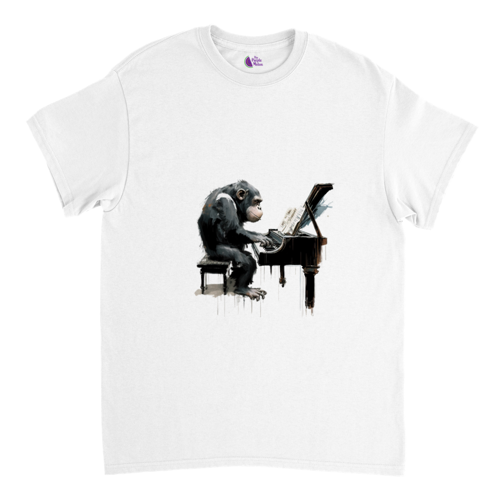 White t-shirt with a chimp playing the piano print