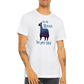 Guy wearing a white t-shirt with the caption Save the Drama For Your Llama and cute llama graphic.
