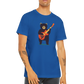 man waering a royal blue t-shirt with a bear playing a guitar print