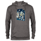 A grey hoodie with a Jazz trio print on the front