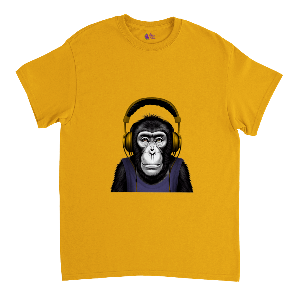 gold t-shirt with a chimp wearing headphones listening to music print