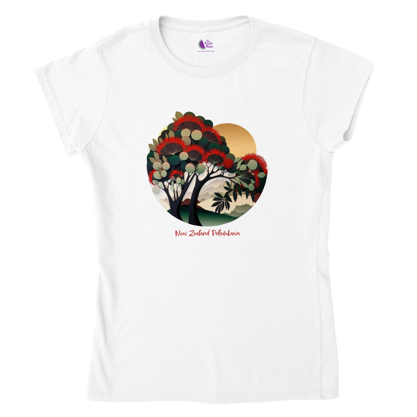 White t-shirt with a new zealand pohutukawa tree print