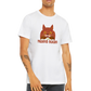 Guy wearing a white t-shirt with a quirky Maine Coon print